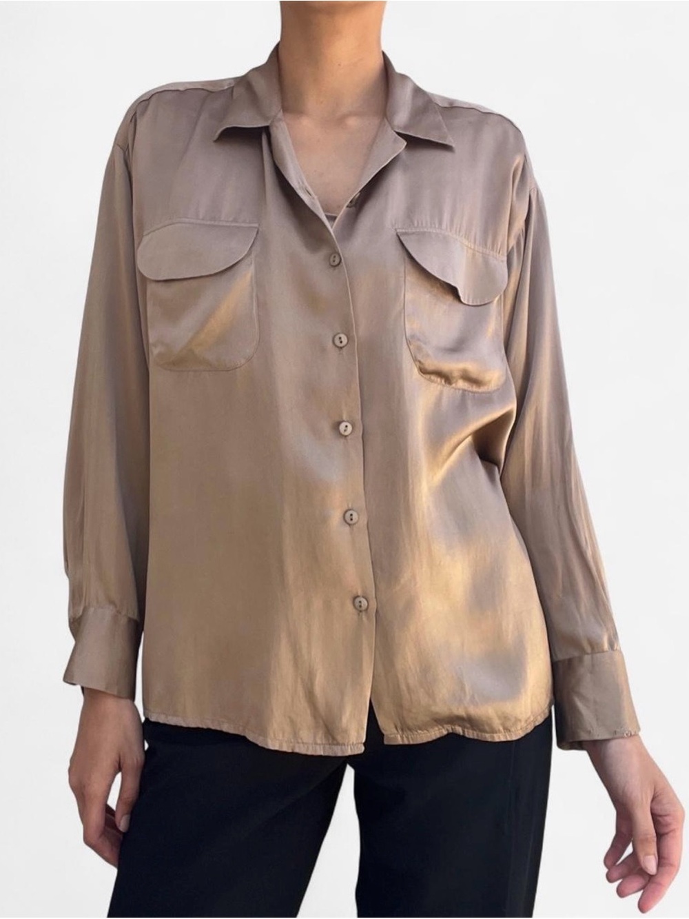 Beige Silk Button-Up Shirt